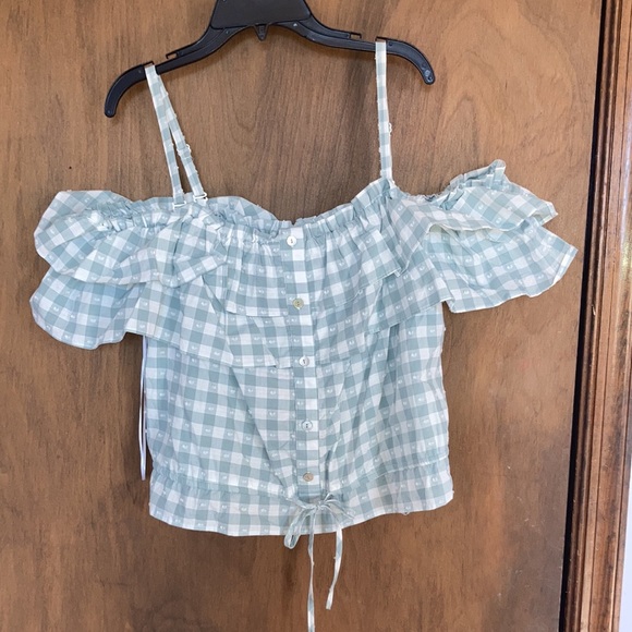 LC Lauren Conrad off the shoulder textured check w ruffle top - Picture 6 of 17